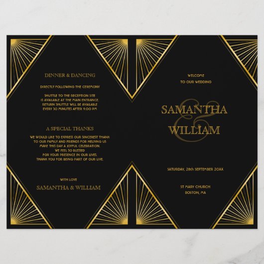  Elegant Art Deco Black Gold Wedding Progra (Voorkant)