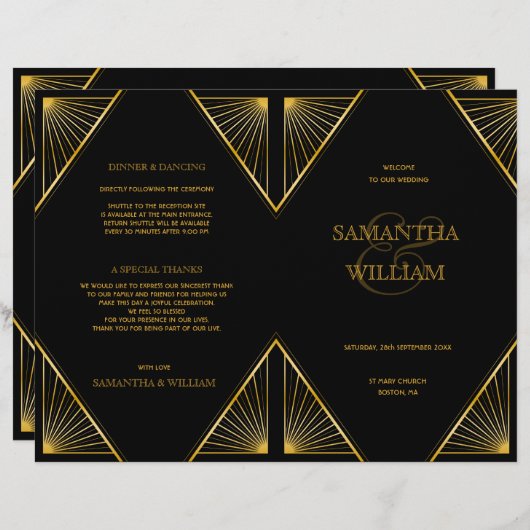  Elegant Art Deco Black Gold Wedding Progra (Voorkant / Achterkant)