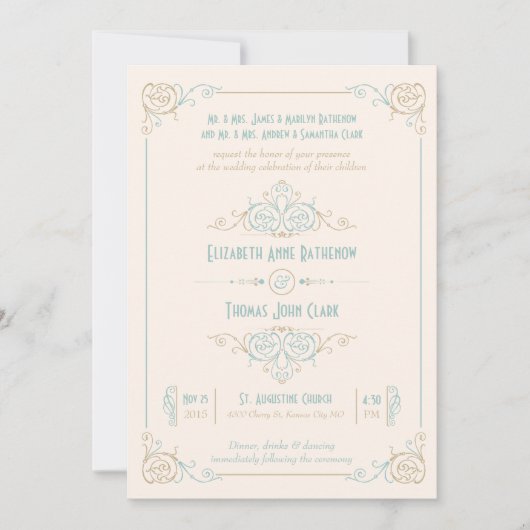 Elégant Art Déco Bleu & Crème Mariage Invitations (Devant)