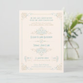 Elégant Art Déco Bleu & Crème Mariage Invitations (Debout devant)