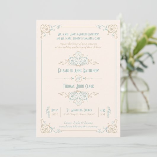 Elégant Art Déco Bleu & Crème Mariage Invitations (Debout devant)