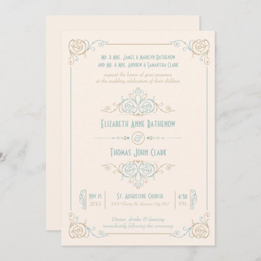 Elégant Art Déco Bleu & Crème Mariage Invitations (Devant / Derrière)