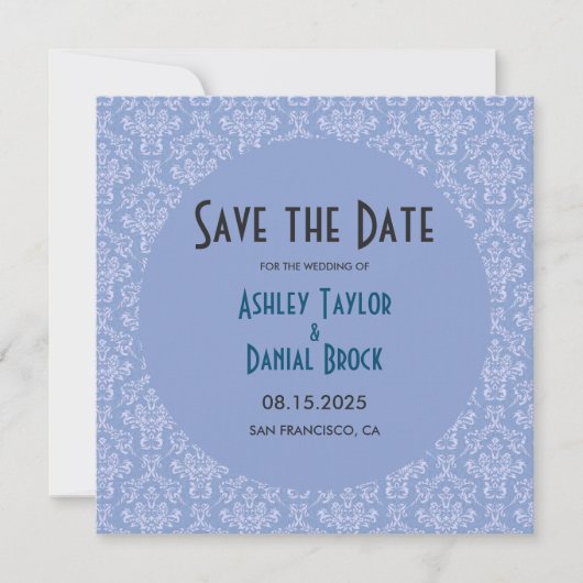 Elegant Art Deco Blue Damask plechtige ronde bruil Save The Date (Voorkant)