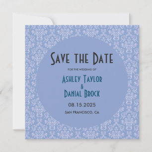 Elegant Art Deco Blue Damask plechtige ronde bruil Save The Date