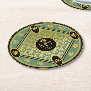 Elegant Art Deco Fan Pattern Monogram Weddenschap Ronde Kartonnen Onderzetter