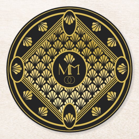 Elegant Art Deco Fan Pattern Monogram Weddenschap Ronde Kartonnen Onderzetter (Voorkant)