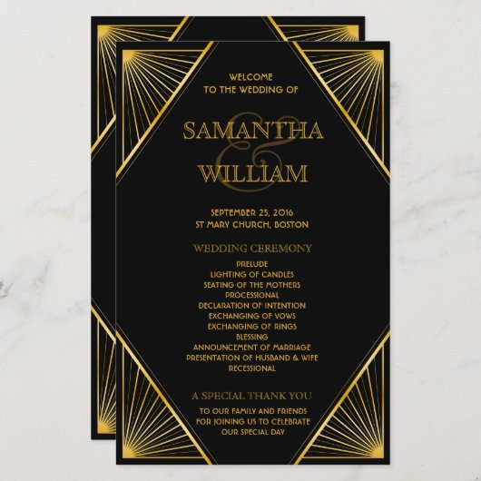Elegant Art Deco Gold Wedding Program (Voorkant / Achterkant)
