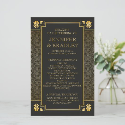 Elegant Art Deco Gold Wedding Program (Staand voorkant)