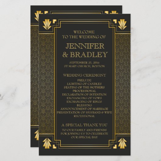 Elegant Art Deco Gold Wedding Program (Voorkant / Achterkant)