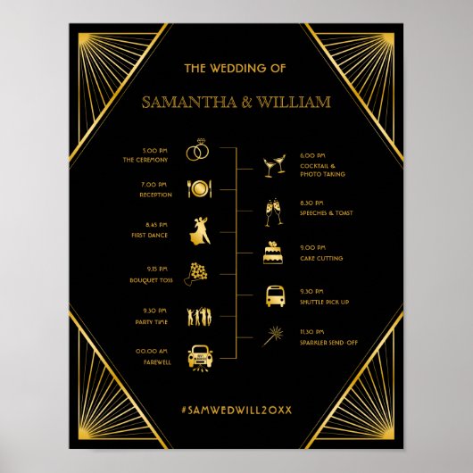 Elegant Art Deco Gold Wedding Tijdschema Poster (Voorkant)