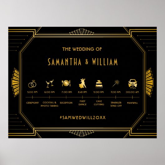  Elegant Art Deco Gold Wedding Tijdschema Poster (Voorkant)