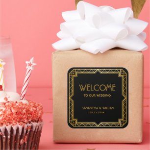 Elegant Art Deco Gold Wedding Welkomsttas Vierkante Sticker
