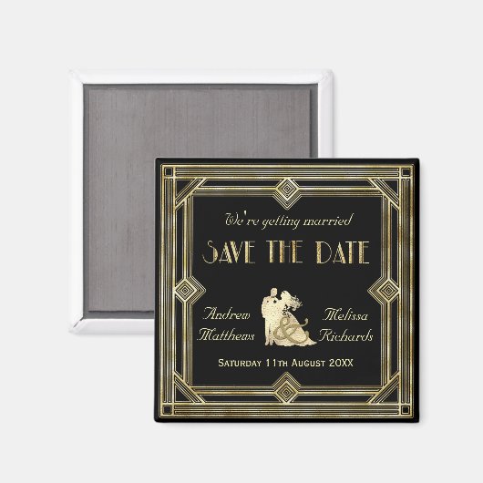 Elegant Art Deco Goud Zwart Save the Date Magneet (Voorkant / Achterkant)