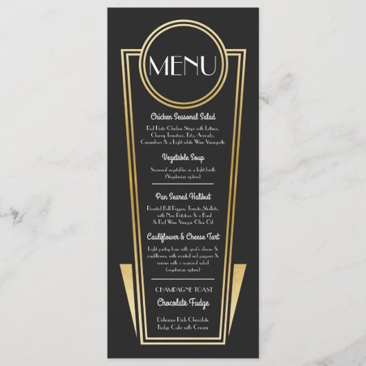 Elégant Art Déco Mariage Menu Gold Black Réception (Devant)