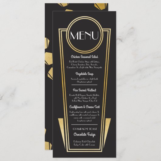 Elégant Art Déco Mariage Menu Gold Black Réception (Devant / Derrière)