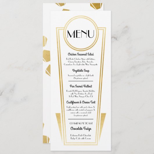 Elégant Art Déco Mariage Menu Gold White Réception (Devant / Derrière)