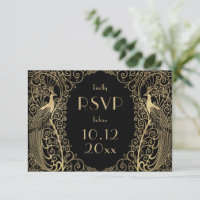Elégant Art Déco Peacocks Gold RSVP Invitation