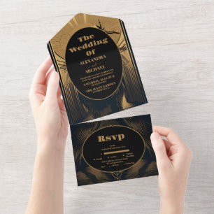 Elegant Art Deco Peacocks Wedding All In One Uitnodiging