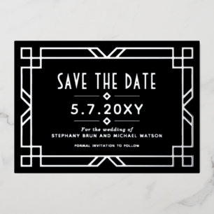 Elegant Art Deco Save the Date Black Silver Kaart