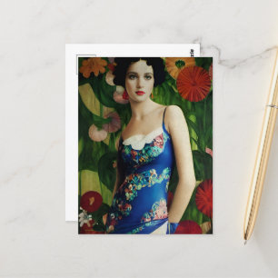 Elegant Art Deco Style Woman met Large Flowers Art Briefkaart
