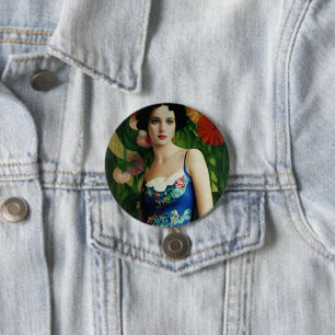 Elegant Art Deco Style Woman met Large Flowers Art Ronde Button 7,6 Cm