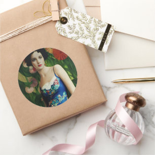 Elegant Art Deco Style Woman met Large Flowers Art Ronde Sticker