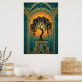 Elegant Art Deco Weeping Willow Gold & Teal Poster (Cuisine)