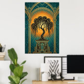 Elegant Art Deco Weeping Willow Gold & Teal Poster (Bureau à domicile)