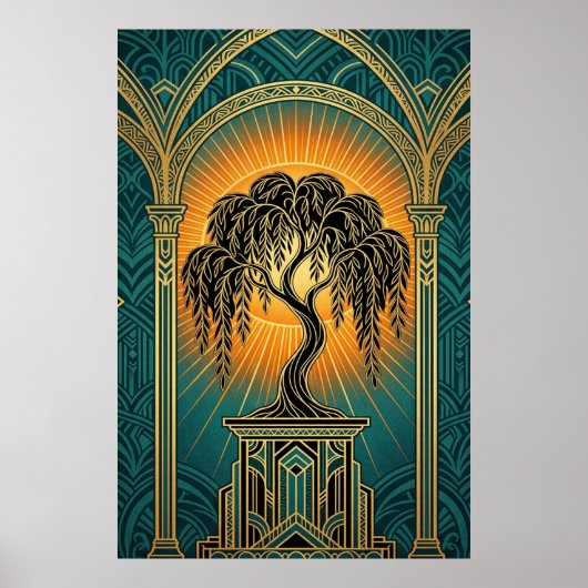 Elegant Art Deco Weeping Willow Gold & Teal Poster (Devant)