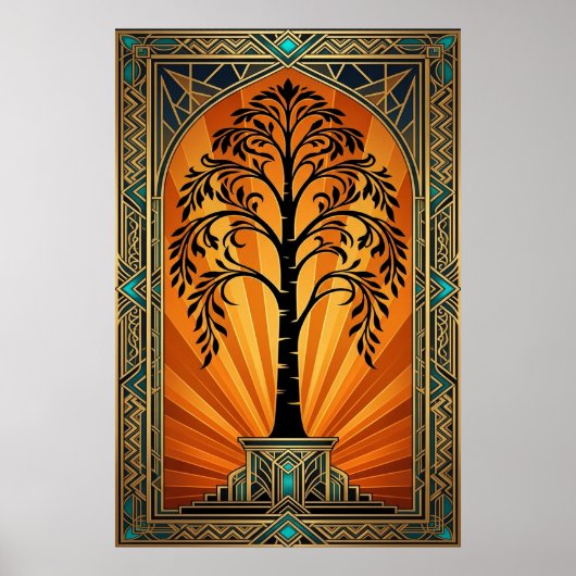 Elegant Art Deco Willow Tree Sunset Gold Poster (Voorkant)