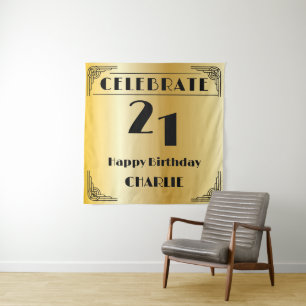 Elegant Art Deco Zwart & Goud 21e Verjaardagsfeest Wandkleed