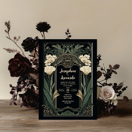 Elegant Art Nouveau Dark Floral Wedding Invitation Kaart