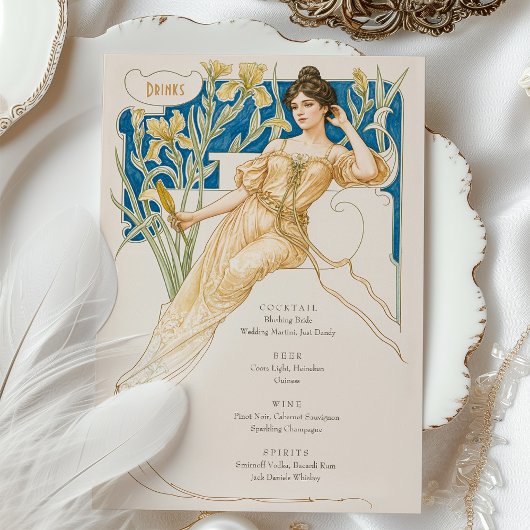 Elégant Art Nouveau Mariage Boissons Carte Menu