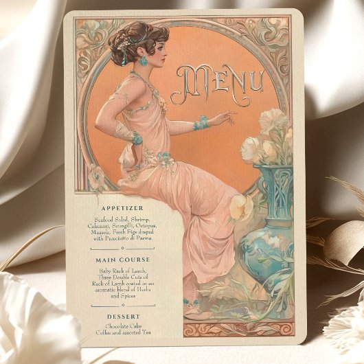 Elégant Art Nouveau Mariage Menu Carte Coral Turqu
