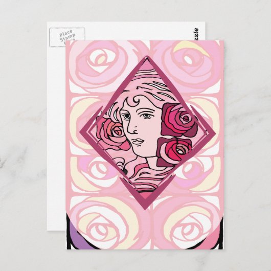 Elegant Art Nouveau Roos Woman Briefkaart (Voorkant / Achterkant)