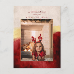 Elegant Artisan Red w/Gold Brush Streke Foto Feestdagenkaart