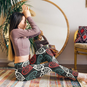 Elegant artistiek etnisch zwart rood wit patroon leggings