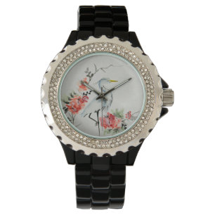 Elegant Asian Crane and Blossom Art Horloge