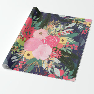 Elegant Astral Aura Winter Floral & Gold Stippen Cadeaupapier