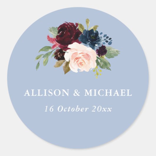 Élégant autocollant à mariage floral bleu roux (Devant)