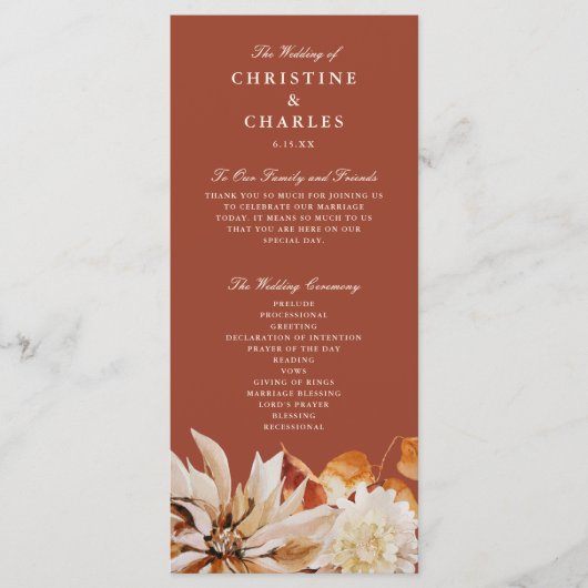 Elegant Autumn Floral Waterverf Wedding Ceremony Programma (Voorkant)