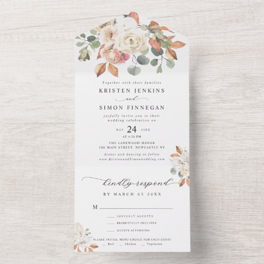 Elegant Autumn Flowers Script Modern Wedding All In One Uitnodiging (Binnen)