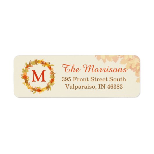 Elegant Autumn Leaves Wreator Monogram Etiket (Voorkant)