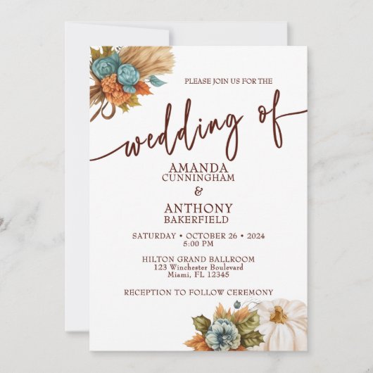 Elegant Autumn Pumpkin Fall Wedding Invitation Kaart (Voorkant)