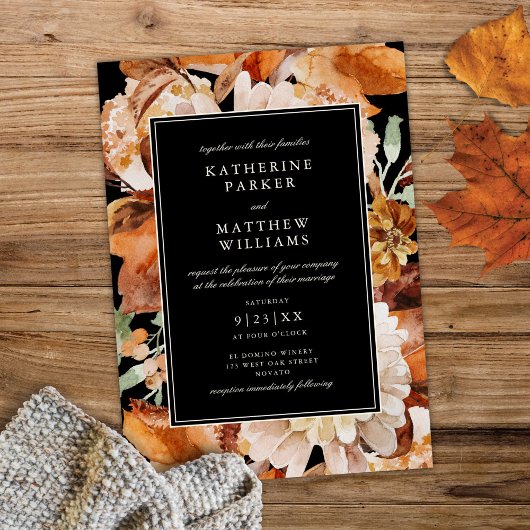 Elegant Autumn Waterverf Floral Black Wedding Kaart