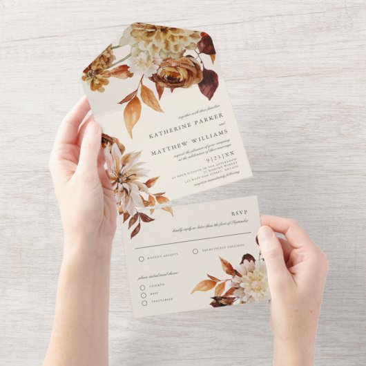 Elegant Autumn Waterverf Floral Wedding All In One Uitnodiging (Afscheurbaar)