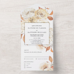 Elegant Autumn Waterverf Floral + White Wedding All In One Uitnodiging