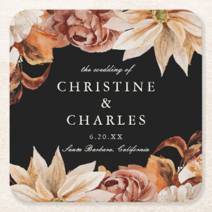 Elegant Autumn Waterverf Wedding Black Vierkante Kartonnen Onderzetter