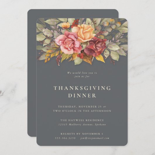 Elegant Autumnal Floral Border Thanksgiving Dinner Kaart (Voorkant / Achterkant)