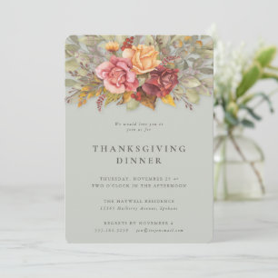 Elegant Autumnal Floral Border Thanksgiving Dinner Kaart